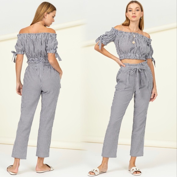 Striped Off-Shoulder Crop Top and Pants set - Picture 1 of 11